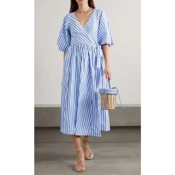 STAUD Jodie Striped Poplin Wrap-front Midi Dress Sea Stripe Casual Wardrobe S - Picture 1 of 16
